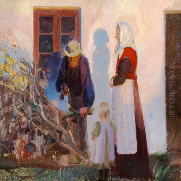 A Family From Skagen Is Cutting Boughs Outside A House In The Low Evening Sun - view 1