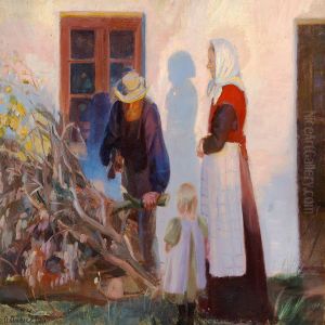 A Family From Skagen Is Cutting Boughs Outside A House In The Low Evening Sun by Anna Ancher