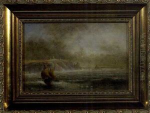 Coastal Scene Of Ship On Stormy Seas Off A Rocky Cliff With Lighthouse