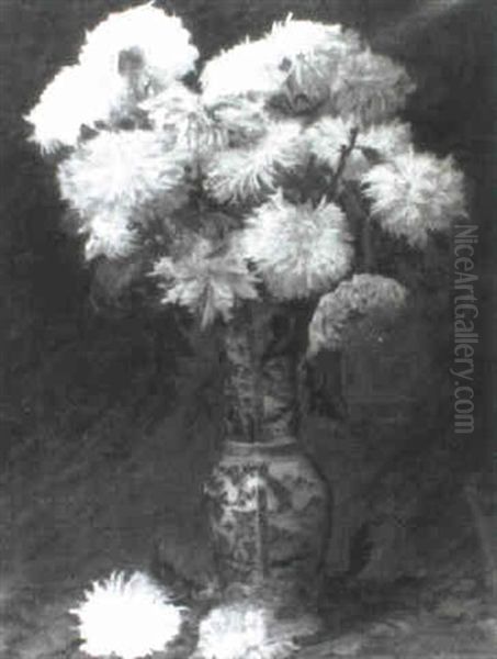 Still Life Of Geraniums Displayed In A Blue And White Baluster Vase - view 1