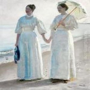 Minne And Sophie Holst In Light Summer Dresses On Skagen Beach by Michael Ancher