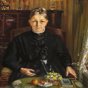 Interior With Woman In A Black Dress With A Dog by Michael Ancher