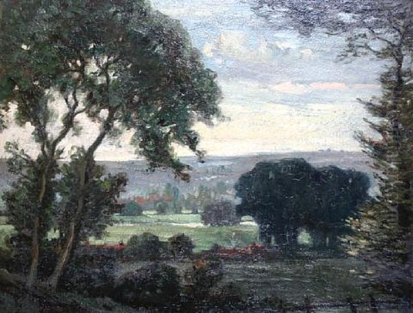 A Rolling Country Landscape With Red Roofed Village Houses - view 1