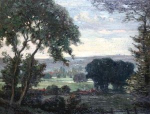 A Rolling Country Landscape With Red Roofed Village Houses by Edouard Chappel
