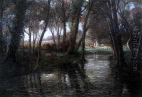 A Tree Lined River Scene With Cattle In The Distance - view 1