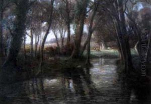 A Tree Lined River Scene With Cattle In The Distance by Edouard Chappel