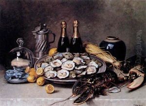 Still Life Of Oysters, Lobster And Champagne by Edouard Chappel