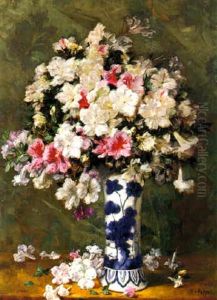 Still Life With Pink And Wite Azaleas In A Blue And White Vase