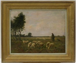 Herder Met Zijn Hond En Schaapskudde Herder Met Zijn Hond En Schaapskudde