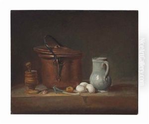 A Copper Saucepan, A Pestle And Mortar, A Pitcher, A Scallion, Eggs And An Onion On A Shelf by Jean-Baptiste-Simeon Chardin