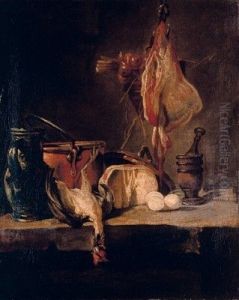 Still Life With A Ray-fish, A Basket Of Onions, Eggs, Cheese, A Green Jug And A Copper Pot, With A Mortar And Pestle On A Stone Ledge by Jean-Baptiste-Simeon Chardin