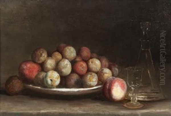 Peches, Prunes, Carafe Et Verre Sur Un Entablement - view 1