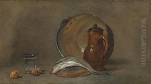 Still Life With A Copper Pot, A Pitcher, Fish, A Glass, Two Nuts And An Onion