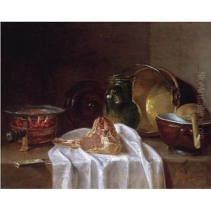 Still Life With A Brazier, Earthenware Jugs, A Copper Bowl And A Lamb Chop On A Stone Ledge by Jean-Baptiste-Simeon Chardin