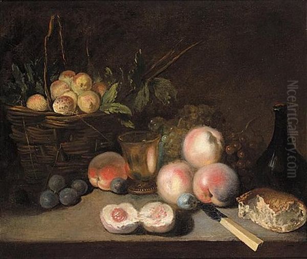 Still Life With Apricots In A Basket, Peaches, Plums, A Bun, A Bottle And A Bronze Cup With A Bunch Of Grapes And A Knife - view 1