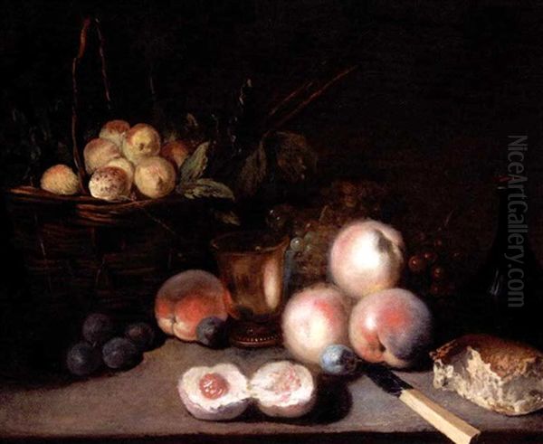 Still Life With Apricots In A Basket, Peaches, Plums, A Bun, A Bottle And A Bronze Cup, Together With A Bunch Of Grapes And A Knife On A Stone Ledge - view 1