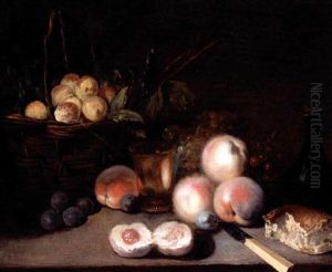 Still Life With Apricots In A Basket, Peaches, Plums, A Bun, A Bottle And A Bronze Cup, Together With A Bunch Of Grapes And A Knife On A Stone Ledge