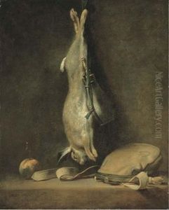 A Hare And A Powder Flask Suspended From A Nail, A Game Bag And An Orange On A Stone Ledge by Jean-Baptiste-Simeon Chardin
