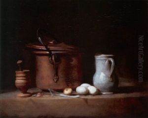 Kitchen Still Life With Copper Cauldron, A Mortar And Pestle, A Leek, Three Eggs And A White Pitcher by Jean-Baptiste-Simeon Chardin