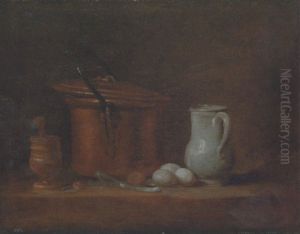 A Copper Cauldron, A Pestle And Mortar, A Stonewar Jug, Eggs And A Spring Onion On A Ledge by Jean-Baptiste-Simeon Chardin