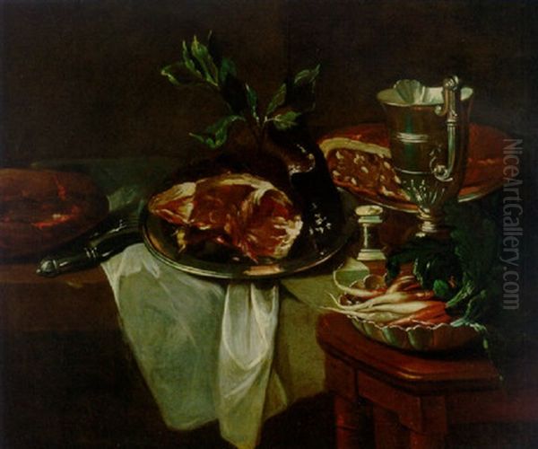 A Loaf Of Bread, A Ham On A Salver, And A Gilt Jug With A Knife And Fork On A Draped Ledge, With A Bowl Of Radishes On A Stool - view 1