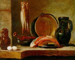Still Life With Two Eggs, Two Jugs, Hanging Fish, Salmon On A Plate And A Copper Pot All On A Stone Ledge