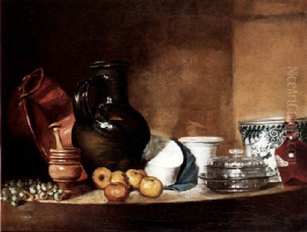 A Still Life Of Apples, Grapes, A Pestle And Mortar, A Stoneware Jug And Other Vessels, All Upon A Stone Ledge - view 1