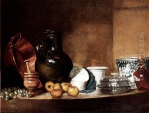 A Still Life Of Apples, Grapes, A Pestle And Mortar, A Stoneware Jug And Other Vessels, All Upon A Stone Ledge by Jean-Baptiste-Simeon Chardin