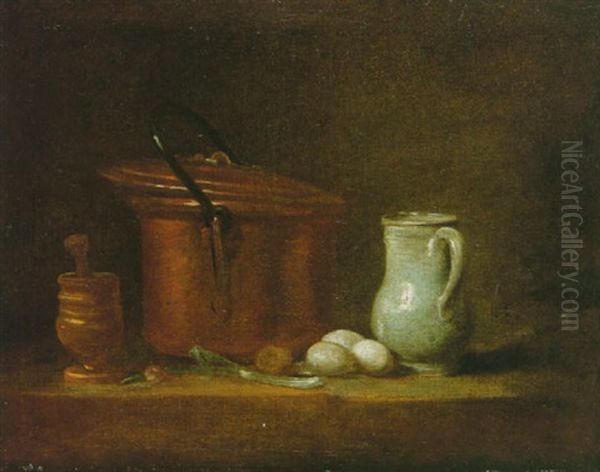 Une Table De Cuisine Avec Marmite De Cuivre, Egrugeoir Et Son Pilon, Un Poireau, Trois Oeufs Et Un Petit Pot De Faience Blanche - view 1