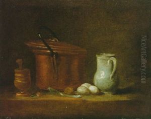 Une Table De Cuisine Avec Marmite De Cuivre, Egrugeoir Et Son Pilon, Un Poireau, Trois Oeufs Et Un Petit Pot De Faience Blanche by Jean-Baptiste-Simeon Chardin