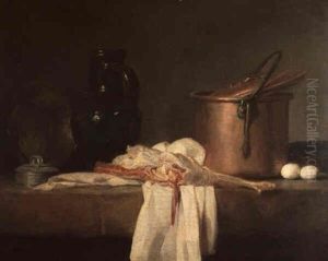 Gigot Sur Un Linge Blanc Avec Une Marmite Et Son Couvercle, Deux Oeufs, Un Chaudron, Une Cruche Et Un Couvercle