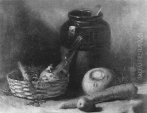 A Jar With Carrots And Turnips On A Draped Table A Jar With Carrots And Turnips On A Draped Table