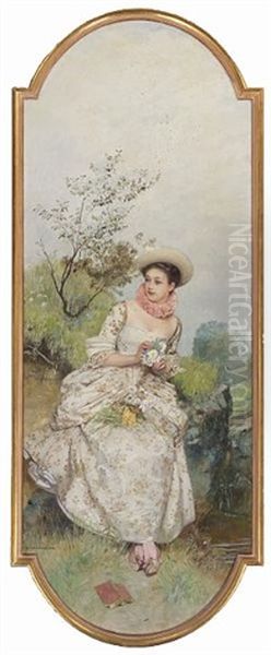 A Portrait Of A Young Lady Seated On A Wall (+ A Portrait Of A Woman, Seated On A Balustrade, Holding A Guitar; Pair) - view 1