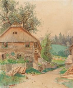 A Rural Motif With A Farmhouse And A Small Garden by Hugo Charlemont