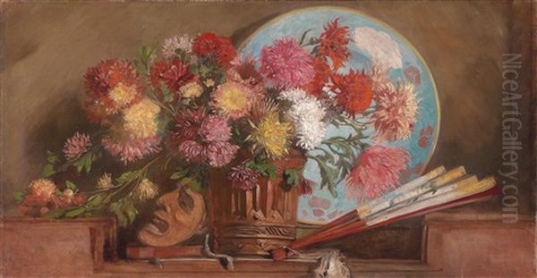 Astern In Vase Bzw. Dahlien Mit Facher Und Maske  (dreiteilige Wandvertafelung Einer Bibliothek) - view 1