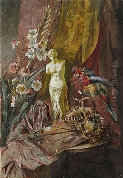 Stilleben Mit Blumen, Malerpalette, Papagei Und Einer Statuette Der Venus Von Milo, Drapiert Vor Einem Vorhang - view 1