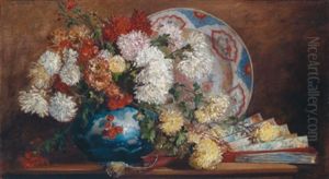 Blumenstuck Mit Asiatischen Teller Und Facher by Hugo Charlemont
