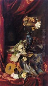 Stilleben Mit Mandoline, Facher, Rosen Und Einem Totenkopf by Hugo Charlemont