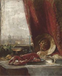A Lobster On A Salver, Glass Vessels, A Vase Of Flowers And A Plate Of Fruit On A Draped Table Before A Window by Hugo Charlemont