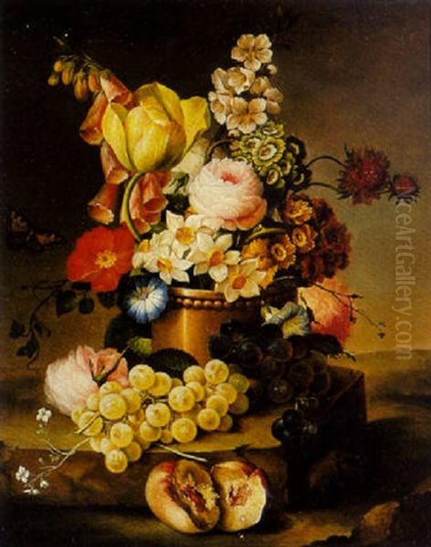 A Still Life With Flowers And Grapes On A Marble Ledge - view 1