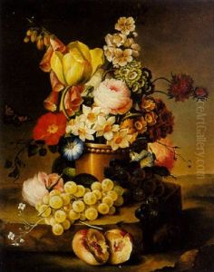 A Still Life With Flowers And Grapes On A Marble Ledge