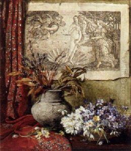 An Oppulent Floral Still Life Before A Print Of Botticelli's Birth Of Venus by Hugo Charlemont