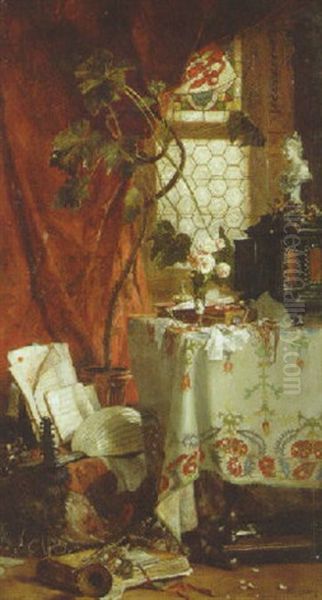 A Still Life With Musical Instruments, Pink Roses, Jewlery And A Book On A Draped Table - view 1