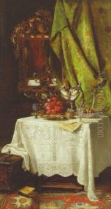 A Still Life With Nautilus Cup And Flowers On A Draped Table by Hugo Charlemont