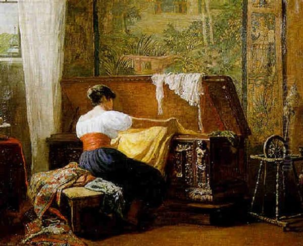 A Seamstress Seated At A Cassone Examining Cloth - view 1