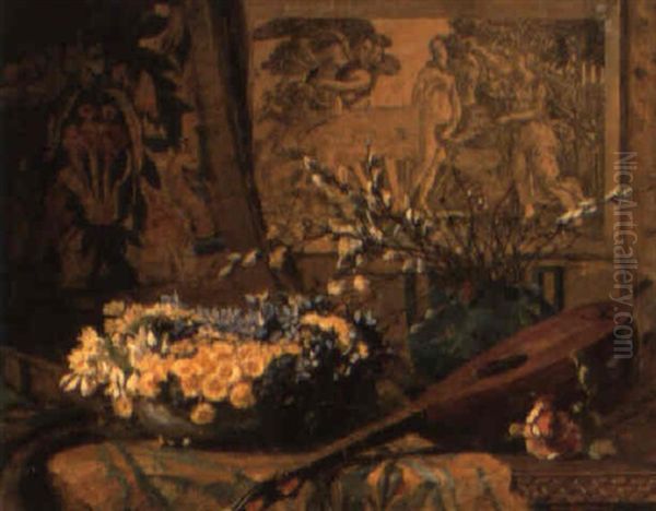 An Interior With A Lute And A Bowl Of Flowers On A Draped Table - view 1