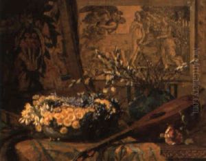 An Interior With A Lute And A Bowl Of Flowers On A Draped Table