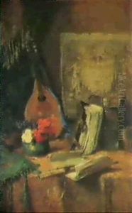 Opstilling Med Blomster, Mandolin Og Boger by Hugo Charlemont