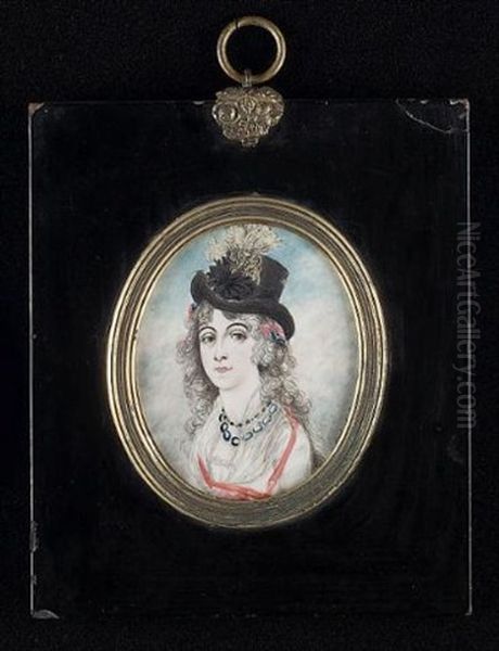 A Lady Wearing White Dress, Fichu, Blue Necklace And Red Ribbon About Her Neck, Blue And Red Ribbon In Her Powdered Hair And Black Hat Dressed With Rosette And White Ostrich Plumes - view 1