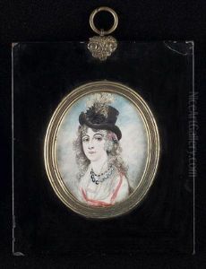 A Lady Wearing White Dress, Fichu, Blue Necklace And Red Ribbon About Her Neck, Blue And Red Ribbon In Her Powdered Hair And Black Hat Dressed With Rosette And White Ostrich Plumes by A. Charles